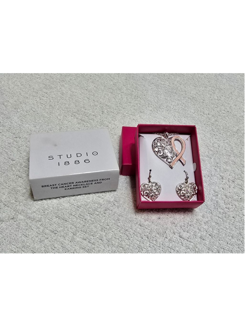 Women's STUDIO 1886 Heart Necklace & Earring Set One Size Silver Pink